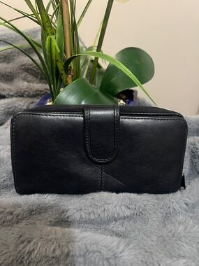 Buxton Black Leather Zip-Around Wallet with Snap Tab Closure
